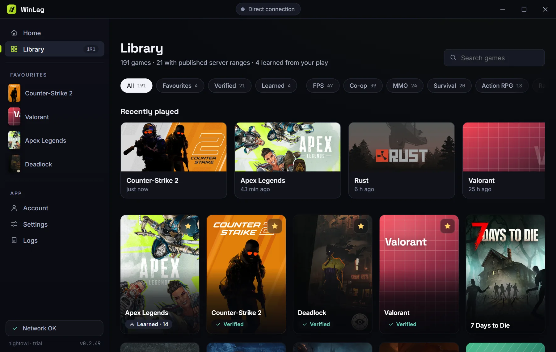 WinLag library: game cards with genre filters
